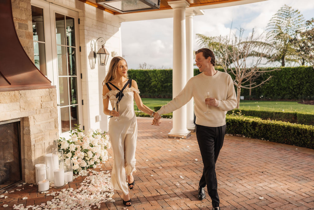 Wide architectural view of the iconic Rosewood Miramar patio looks