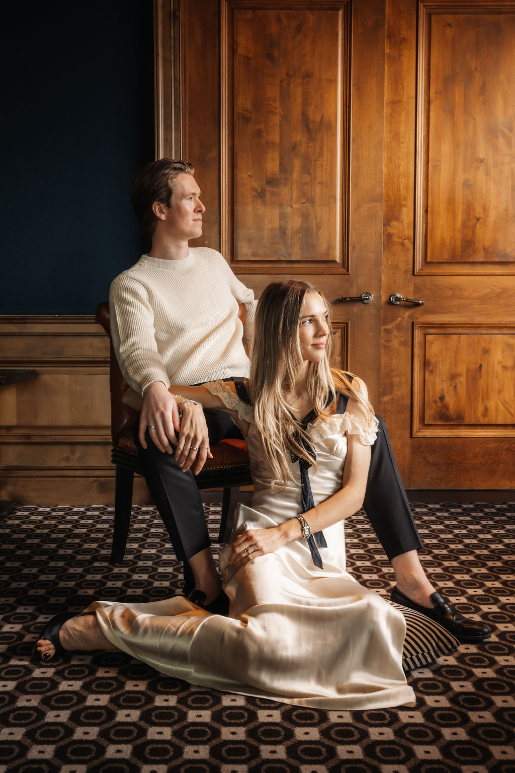 Nostalgic film style couple portrait capturing a Rosewood Miramar proposal moment